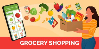 Mutlu kadın bir kutuda taze yiyecekler ve akıllı telefondan online market alışverişi uygulaması alıyor.