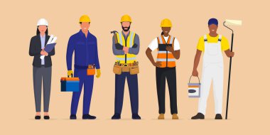 Home repair and construction services: architect and contractors standing together clipart