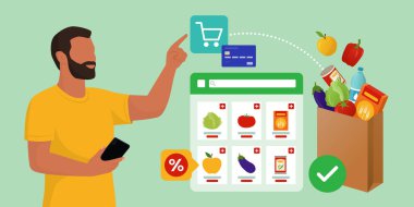 Mutlu adam sanal arayüz ve sipariş ürünleri ile etkileşime geçiyor, online market alışverişi kavramı