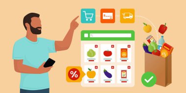 Mutlu adam sanal arayüz ve sipariş ürünleri ile etkileşime geçiyor, online market alışverişi kavramı