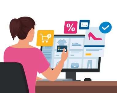 İnternetten alışveriş yapan bir kadın, ürünleri satın alıyor ve kredi kartıyla ödüyor.