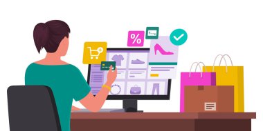 İnternetten alışveriş yapan bir kadın, ürünleri satın alıyor ve kredi kartıyla ödüyor.