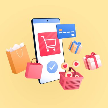 Alışveriş uygulamalı akıllı telefon, çantalar, hediyeler, alışveriş sepeti ve kredi kartı: çevrimiçi alışveriş uygulaması