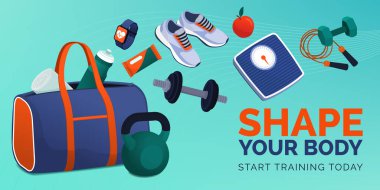 Spor çantasından spor malzemeleri çıkıyor: fitness ve spor konsepti, fotokopi alanı olan pankart