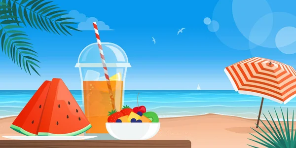 Frisches Gesundes Obst Und Trinken Auf Dem Tisch Strand Sommerurlaub — Stockvektor