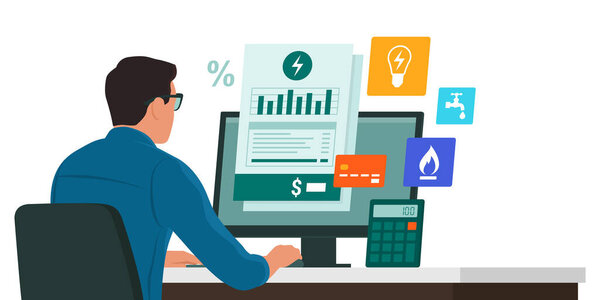 Человек, сидящий за столом и оплачивающий коммунальные услуги онлайн на своем компьютере, концепция управления коммунальными счетами