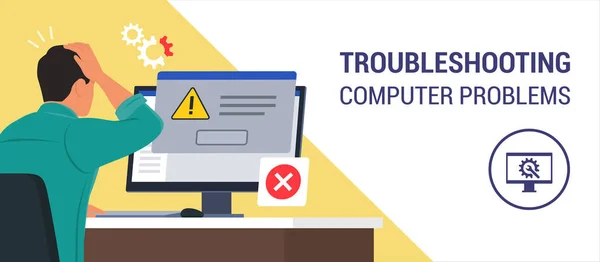 Man Sitting Desk Using Computer Receives Error Message Notification Dialog — Stock Vector