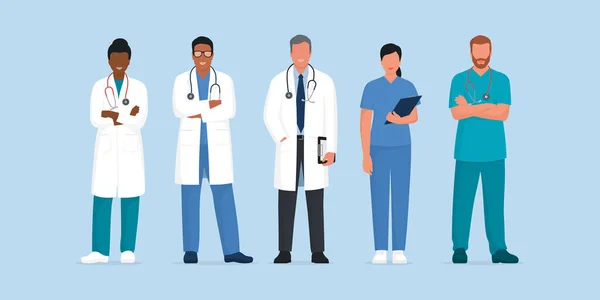 专业医生和护士站在一起 医疗保健和医药概念 — 图库矢量图片