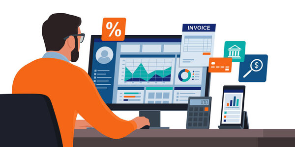 Корпоративный бизнесмен работает в офисе, он проверяет финансовые отчеты и диаграммы на своем компьютере