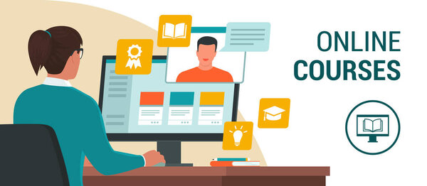 Женщина сидит за столом и подключается к своему компьютеру, она берет онлайн-уроки, электронное обучение и онлайн-курсов концепции