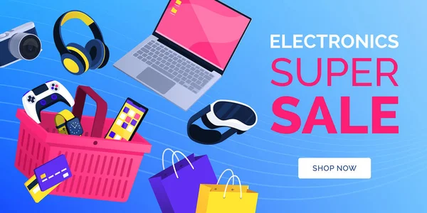 Çevrimiçi Elektronik Alışveriş Dağıtım Afişi Cihazlar Alışveriş Sepetiyle — Stok Vektör