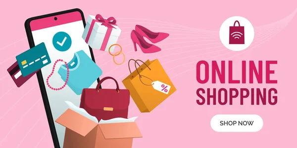 App Shopping Online Smartphone Banner Promozionale Articoli Shopping Con Spazio — Vettoriale Stock