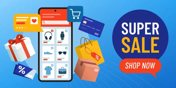 App Shopping Online Smartphone Articoli Shopping Banner Promozionale Con Spazio — Vettoriale Stock