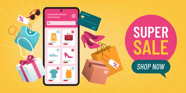 Online Shopping App Auf Smartphone Und Shopping Artikeln Werbebanner Mit — Stockvektor