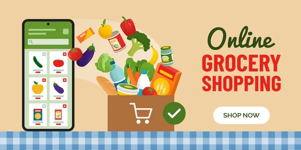 Online Lebensmitteleinkauf App Auf Smartphone Und Karton Voller Lebensmittel Auf — Stockvektor