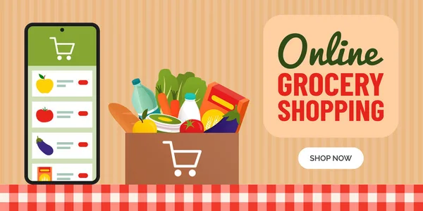 Online Livsmedelsbutik Shopping App Smartphone Och Låda Full Livsmedel Köksbordet — Stock vektor