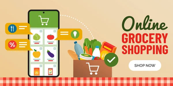 Online Grocery Shopping App Personalized Recommendations Box Full Groceries Kitchen — Stock Vector