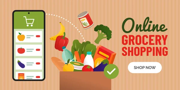 Online Lebensmitteleinkauf App Auf Dem Smartphone Und Lebensmittel Die Hause — Stockvektor