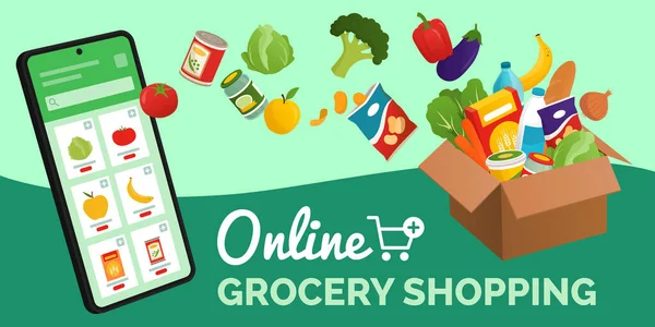 Online Lebensmitteleinkauf App Auf Dem Smartphone Und Lebensmittel Die Hause — Stockvektor