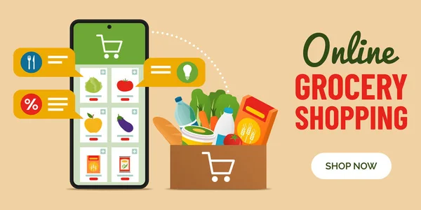 Online Grocery Shopping App Personalized Recommendations Box Full Groceries Kitchen — Stock Vector