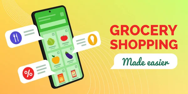 Online Livsmedelsbutik Shopping App Med Personliga Annonser Och Inköpslista Smartphone — Stock vektor