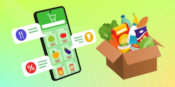 Online Lebensmittel Shopping App Auf Dem Smartphone Und Lebensmittel Einer — Stockvektor