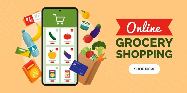 Online Livsmedelsbutik Shopping App Livsmedelsbeställning Smartphone Banner Med Kopieringsutrymme — Stock vektor