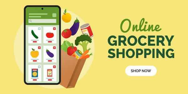 Online Lebensmitteleinkauf App Lebensmittelbestellung Auf Dem Smartphone Banner Mit Kopierplatz — Stockvektor