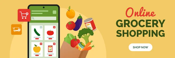 App Spesa Online Ordine Alimentari Smartphone Banner Con Spazio Copia — Vettoriale Stock