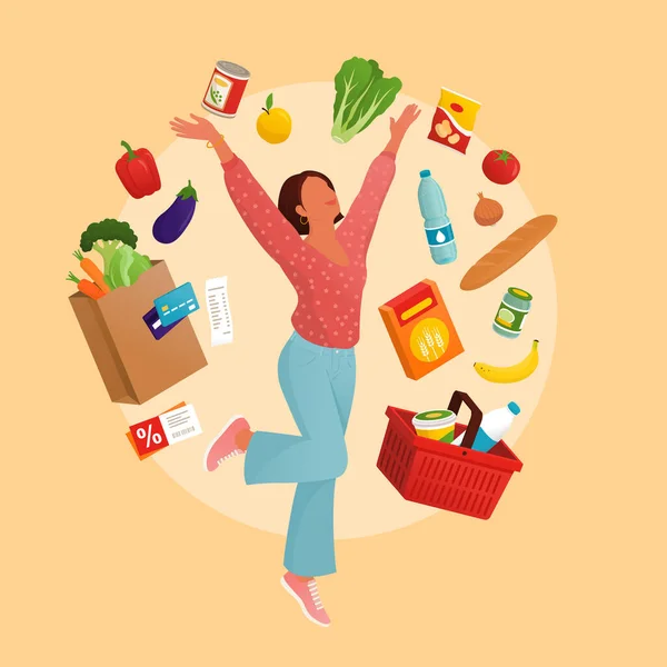 食料品の買い物をする幸せな女性 彼女は食料品やショッピングアイテムに囲まれています — ストックベクタ