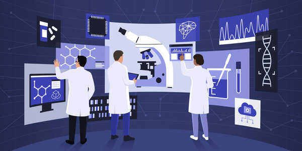 Scientific researchers working in a VR lab, they are interacting with virtual screens and interfaces