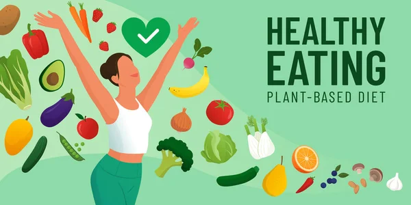 腕を上げて笑顔幸せなフィット女性 彼女は多くの野菜や果物に囲まれています 健康的な食事の概念 — ストックベクタ