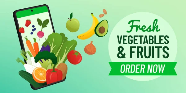Légumes Fruits Sortant Écran Smartphone Acheter Des Légumes Verts Frais — Image vectorielle