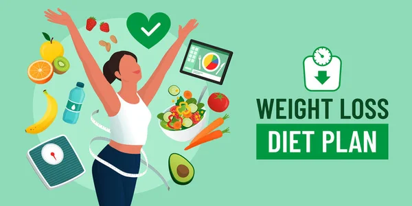 Mulher Saudável Feliz Seguindo Plano Dieta Perder Peso Banner Com — Vetor de Stock
