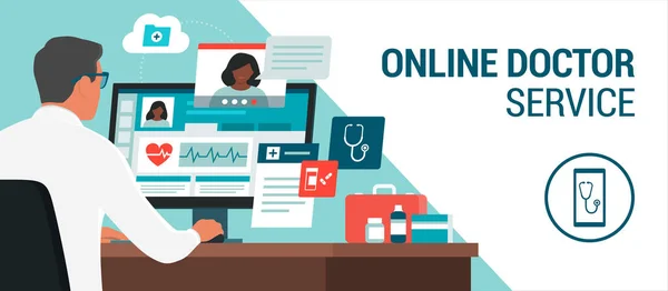 Online Doctor Talking Patient Video Call Giving Consultation Prescription Medicine — Stock Vector