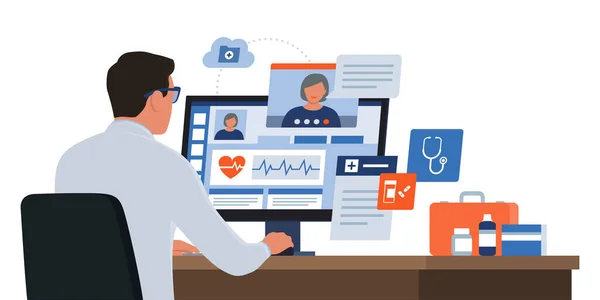 Médico Online Conversando Com Paciente Uma Chamada Vídeo Ele Está —  Vetores de Stock