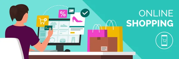 Kvinna Gör Online Shopping Hon Köper Produkter Och Betalar Med — Stock vektor