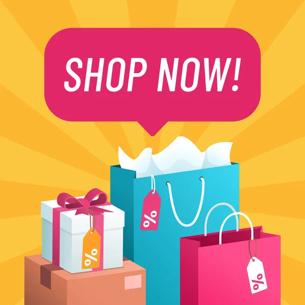 Buntes Werbebanner Mit Einkaufstaschen Und Sprechblase Beim Online Shopping — Stockvektor