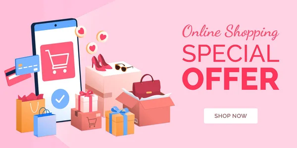 Online Shopping Och Leverans App Banner Med Smartphone Och Shopping — Stock vektor
