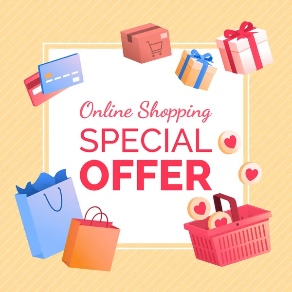 Alışveriş Malzemeleri Ile Online Alışveriş Dağıtım Reklamı — Stok Vektör