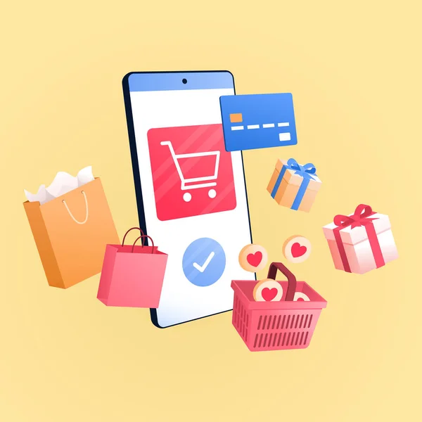 Smartphone Mit Shopping App Taschen Geschenken Warenkorb Und Kreditkarte Online — Stockvektor