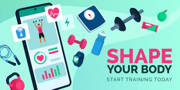 Online fitness app on smartphone and workout equipment, banner with copy space