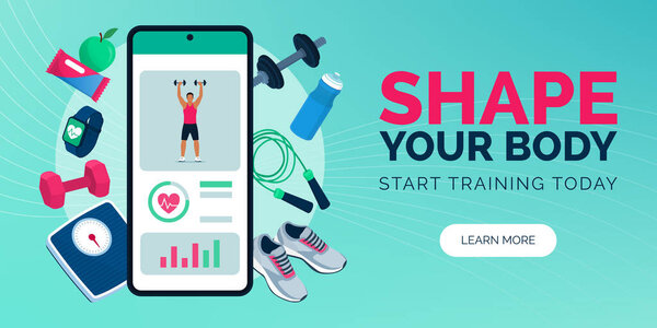Online fitness app on smartphone and workout equipment, banner with copy space
