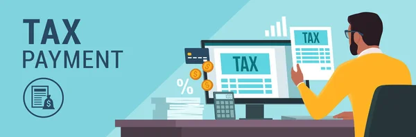 Pagamento Line Impostos Eletrônicos Computador Homem Verificando Formulários Fiscais Seu — Vetor de Stock