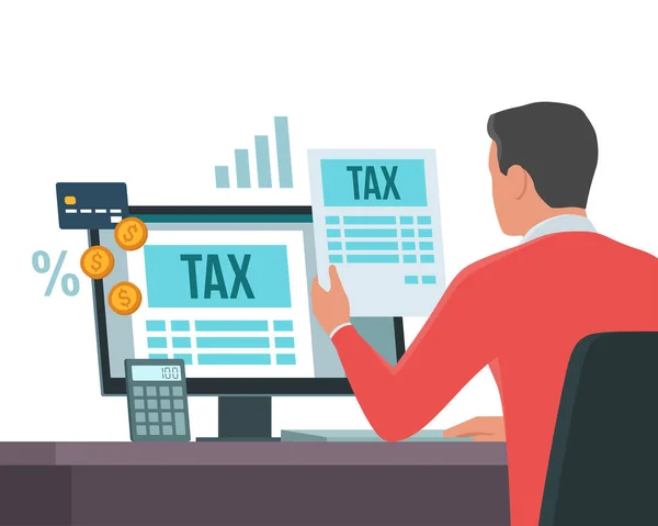 Pagamento Online Tramite Tax Sul Computer Uomo Controlla Moduli Fiscali — Vettoriale Stock