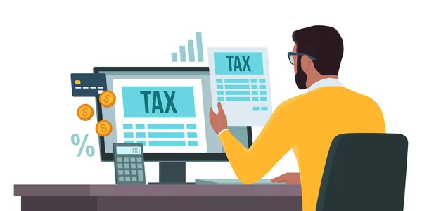 Online Tax Payment Computer Człowiek Sprawdzający Formularze Podatkowe Swoim Komputerze — Wektor stockowy