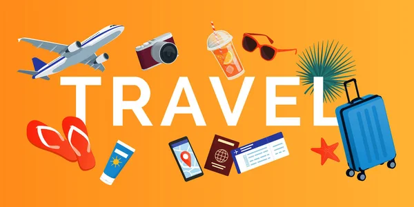 Travel Text Surrounded Travel Items Beach Accessories Travel Tourism Concept — Stock Vector