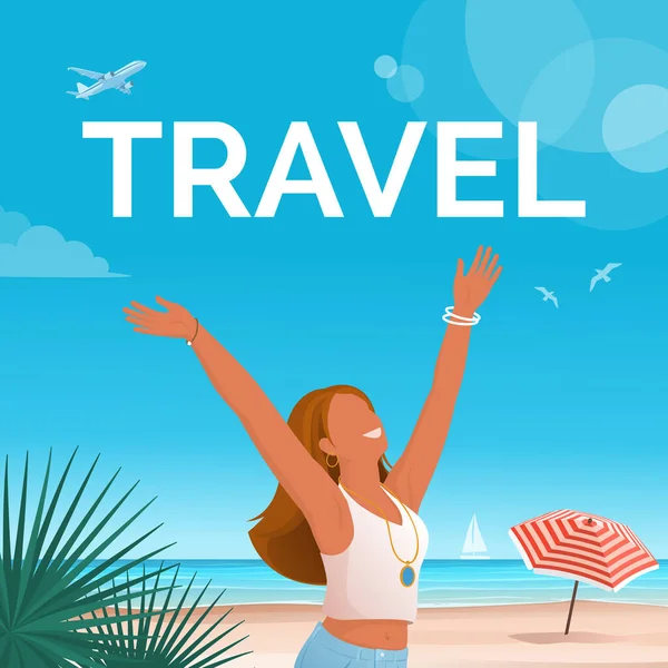 Mujer Turista Feliz Playa Vacaciones Verano Concepto Viaje — Archivo Imágenes Vectoriales
