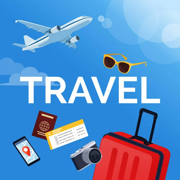 Texto Viaje Con Accesorios Viaje Avión Volando Fondo Concepto Viajes — Vector de stock