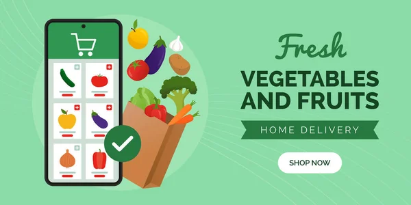 Frisches Gemüse Und Obst Online Kaufen Smartphone Und Einkaufstasche Voller — Stockvektor